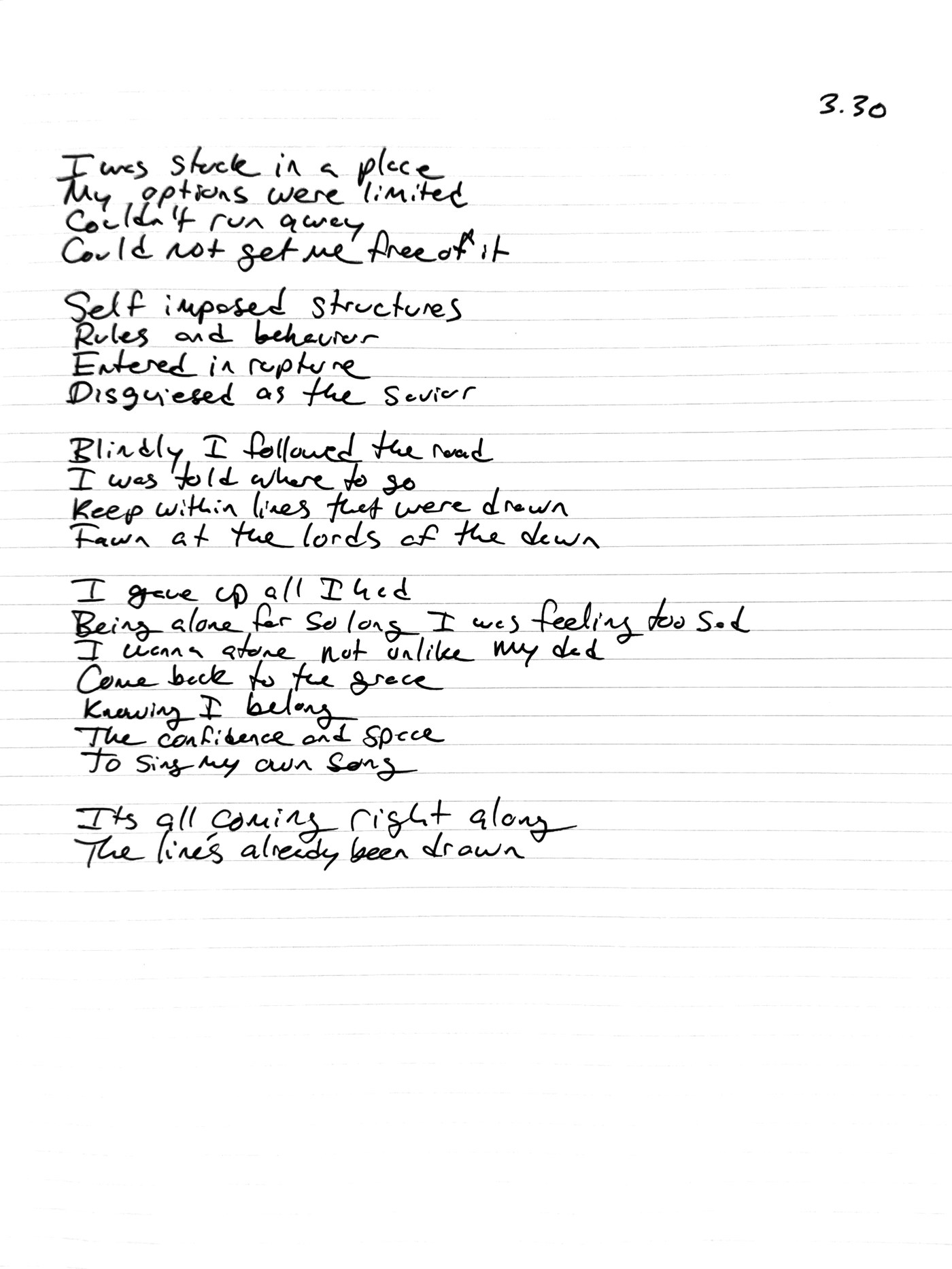 A handwritten poem from RUPTURE, in the author's handwriting